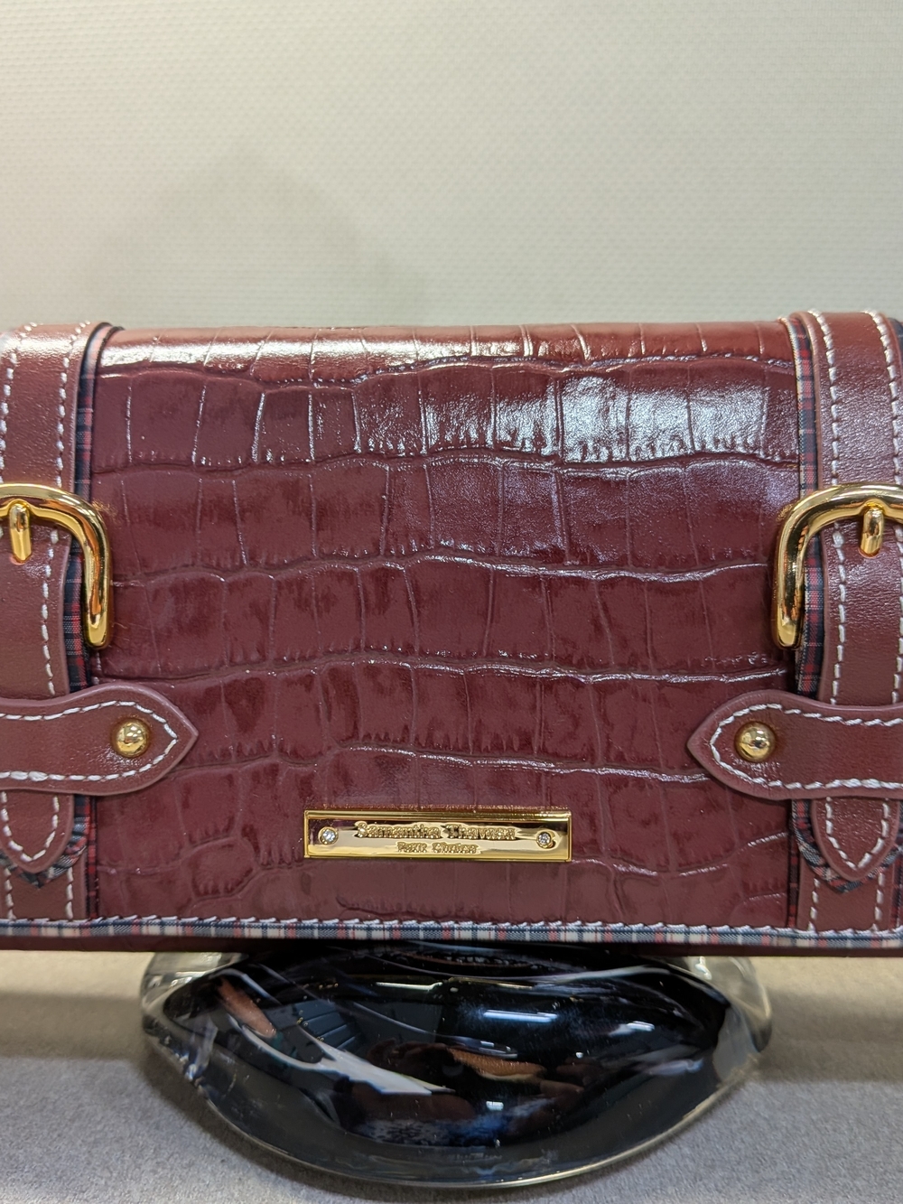 Samantha Thavasa Croc-Embossed Wallet in Deep Burgundy with Gold Hardware